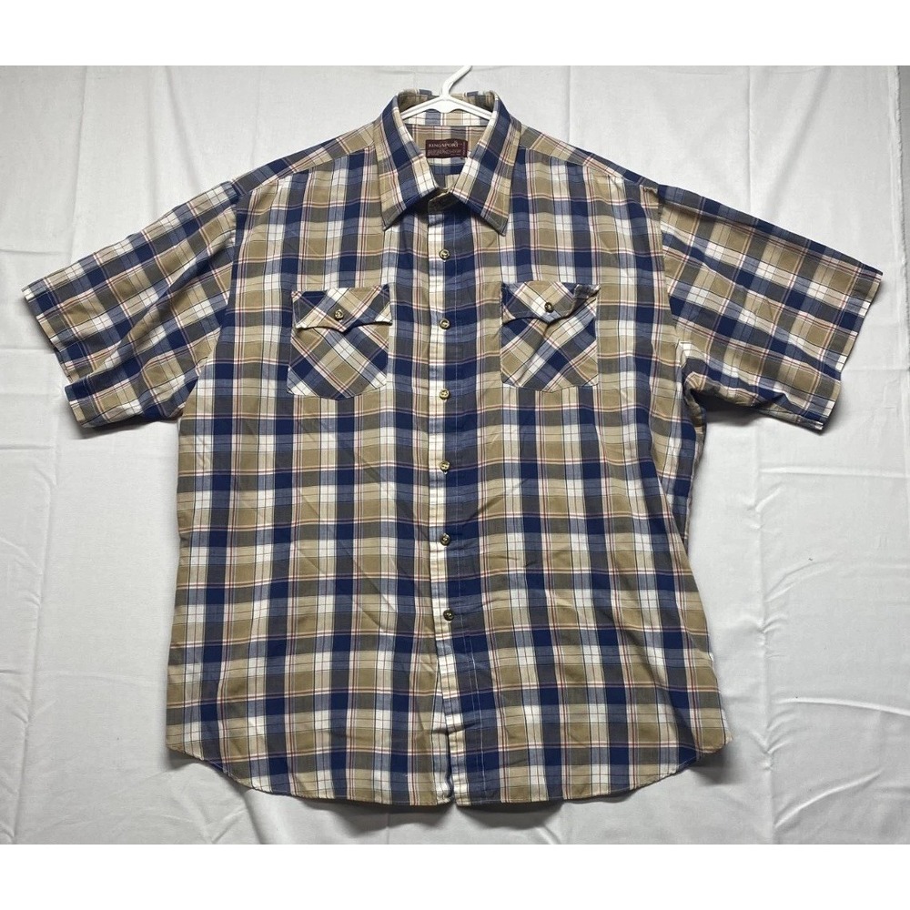 VTG Kingsport Shirt Men XL Multicolor Plaid Cotton Short Sleve Button Curved Hem